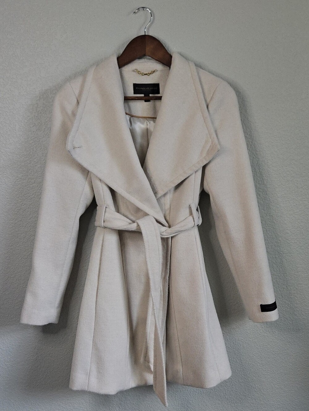 Vintage Donna Karan New York Cream White Belted Wrap Coat Minimalist Wool Look